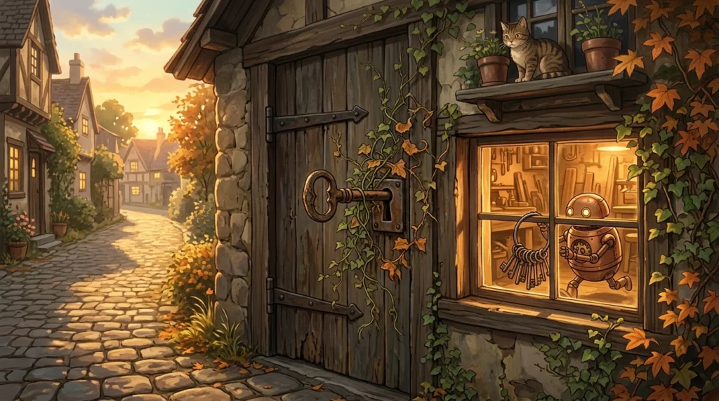 Illustrazione: una vecchia chiave dimenticata nella serratura di una porta di legno, coperta d'edera, mentre dentro la bottega un piccolo robot tiene un grande mazzo di chiavi