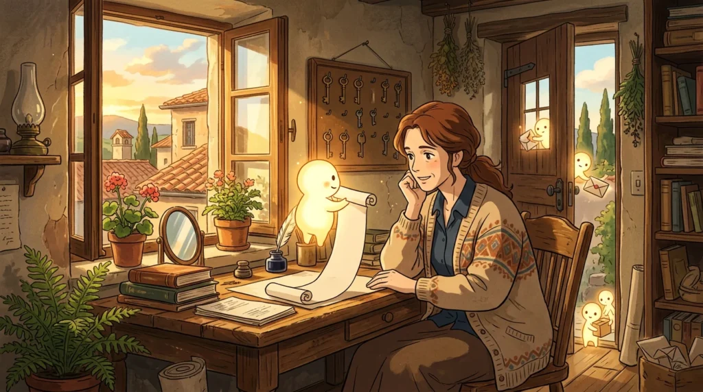 Illustrazione in stile Ghibli: una donna alla scrivania ascolta un piccolo spirito luminoso che le porge un rotolo di pergamena, mentre altri spiritelli portano buste attraverso una porta socchiusa