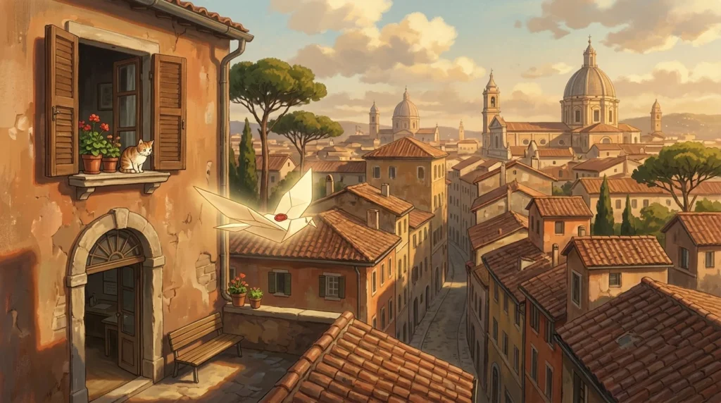 Illustrazione in stile Ghibli: un uccellino di carta con un sigillo rosso vola sui tetti di una città italiana verso una finestra con i gerani e un gatto