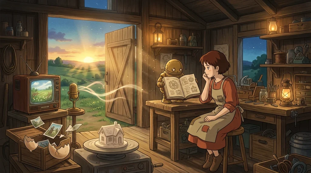 Illustrazione in stile Ghibli: in una bottega di legno al tramonto un piccolo robot legge un manuale illustrato a una ragazza, circondati da un vecchio televisore, un microfono, una casetta su un tornio e casse che si schiudono come uova