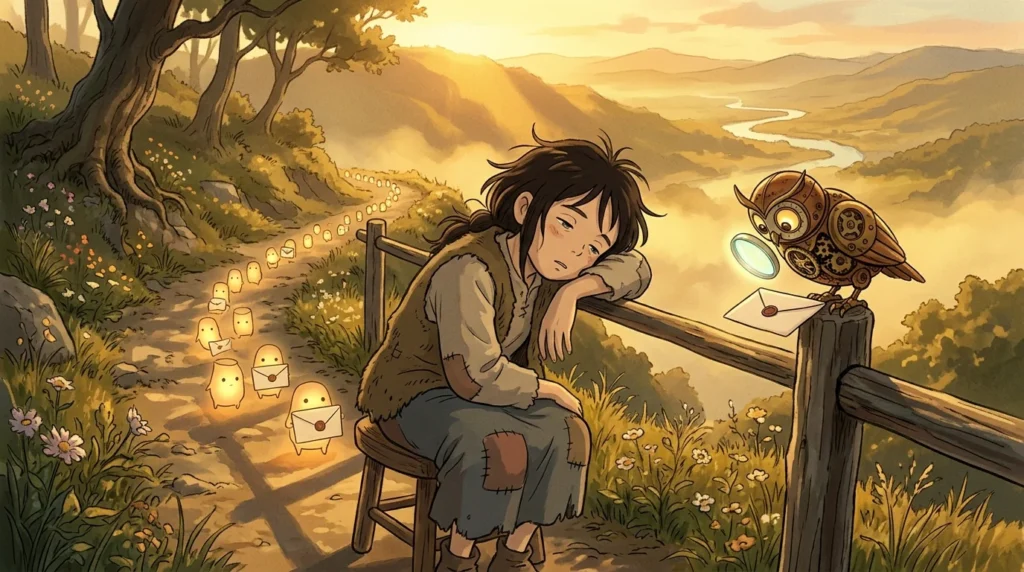 Illustrazione in stile anime: una giovane guardiana assonnata appoggiata a una staccionata su un sentiero di montagna al tramonto, mentre una lunga fila di spiritelli luminosi con le buste aspetta di passare e un gufo meccanico di ottone controlla ogni busta con una lente