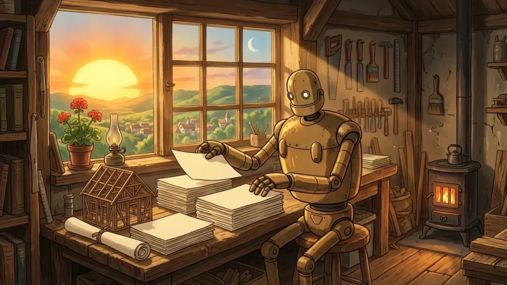 Robot d'ottone in una bottega di legno che ordina pile di fogli, fra un sole grande e una luna piccola alla finestra